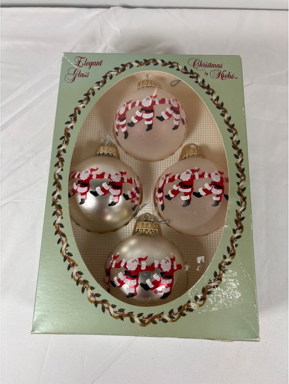 Vintage Krebs Sterling Silver/Frost Dancing Santas Christmas Glass Ornaments Set